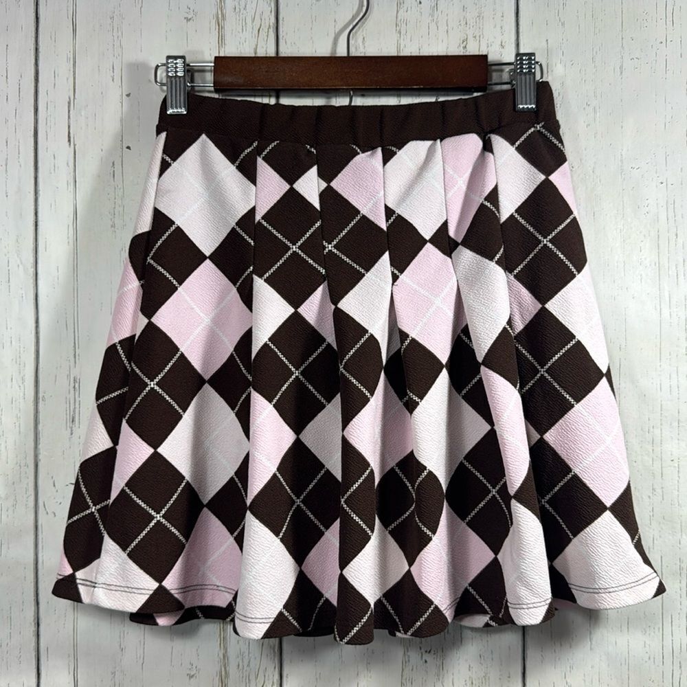 Almost  Famous Womens Pleated Argyle Academia Preppy Y2K Brown Pink Mini Skirt